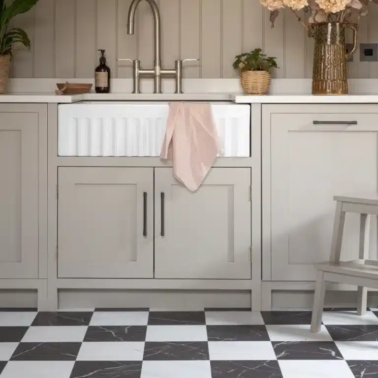 A Country Cream Kitchen with Harvey Maria Checked Flooring in Kiln Luna Black and Selene White Marble Tiles withs Veining