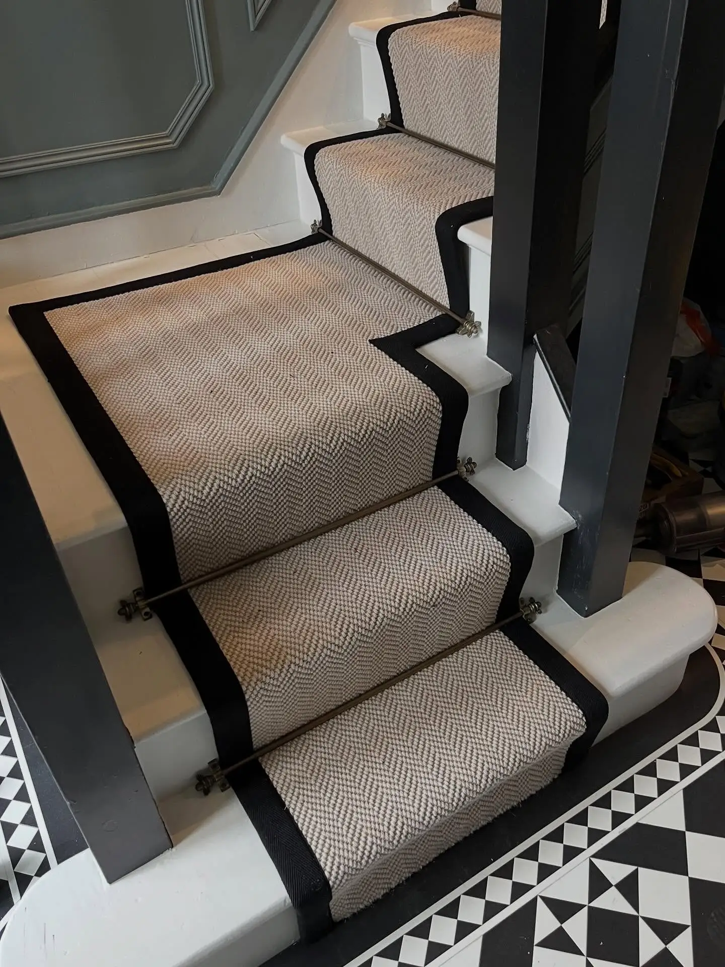 Carpet Runner in Beige Tweed with Black Carpet Tape Runner on a White Wood Staircase Made and Fitted by Floormaster Yorkshire